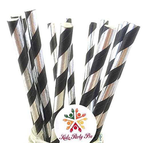 100 pitillos de papel negro plateado con rayas metálicas miniatura 1