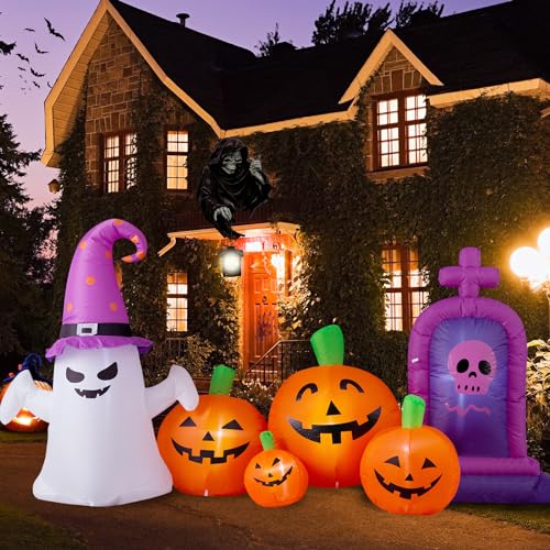 Moda y Accesorios, DVD Danxilu Decoraciones hinchables de Halloween de 8 pies de Largo para Exteriores, combinación de Calabaza con Fantasma y lápida de Calavera con LED Integrados,...
