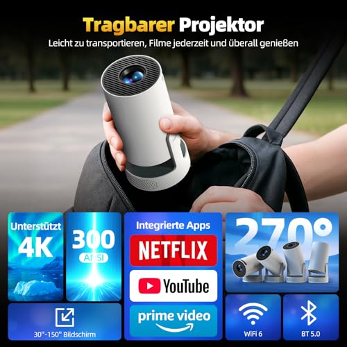 Mini Beamer Unterstützung Android 11, Smart Beamer 4K Heimkino 1080P 5W Lautsprecher, Mini Projektor Tragbarer WiFi6 BT5.4, Projektor Klein Auto Keystone 270° Dreh Kompatibel mit HDMI/TV Stick/Laptop – Bild 3