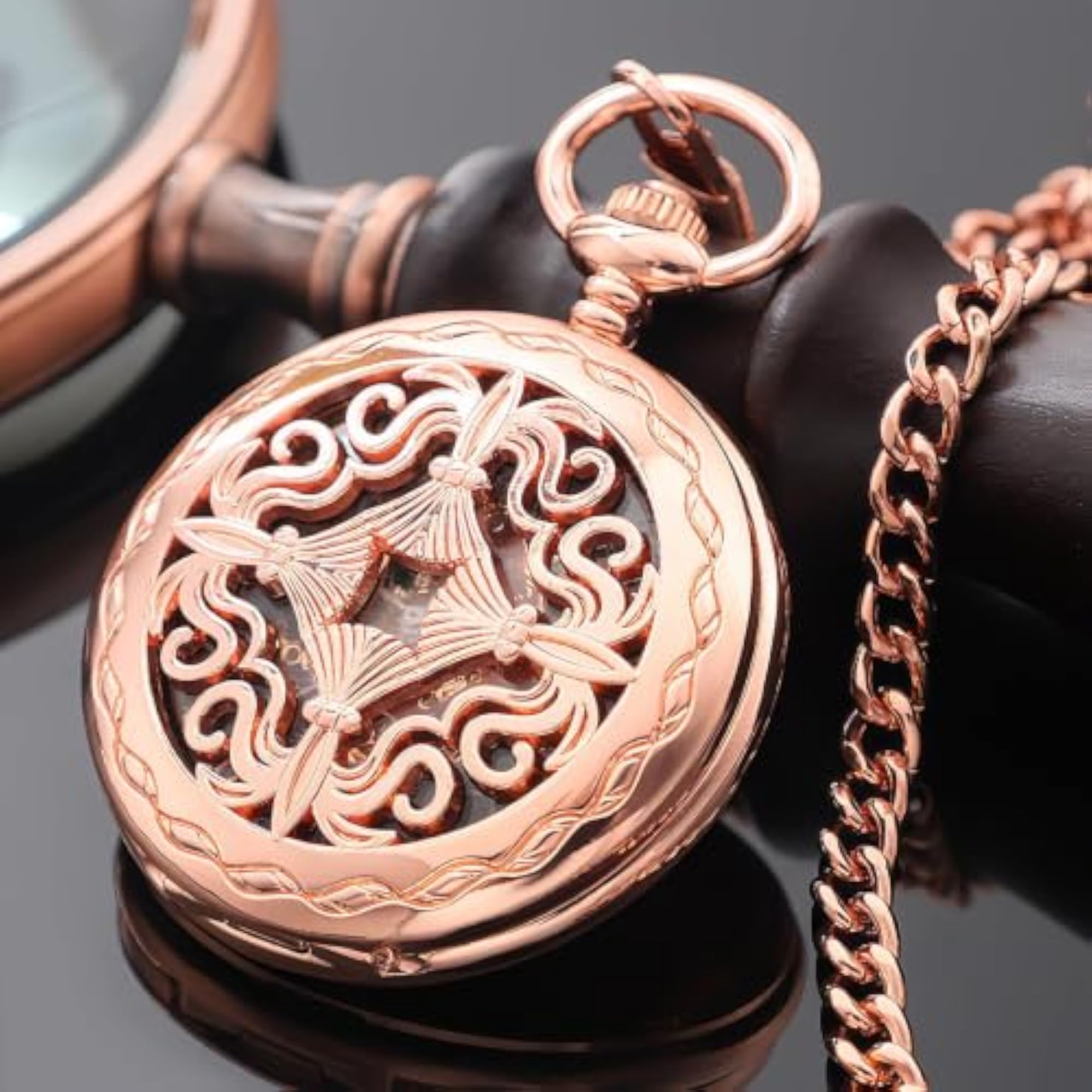Rose Gold Roman Numerals Mechanical Pocket Watch