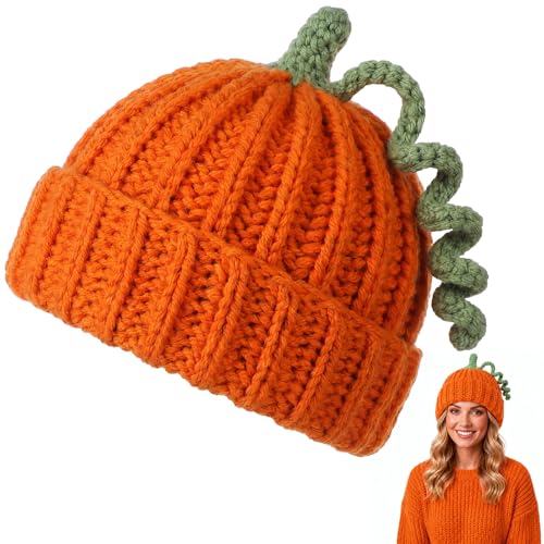 Yearntown Crochet Hat Knitted Fruit Annimal Bucket Hat Handmade Cute Winter Beanies Halloween Cosplay Costume for Women Adult(Pumpkin)