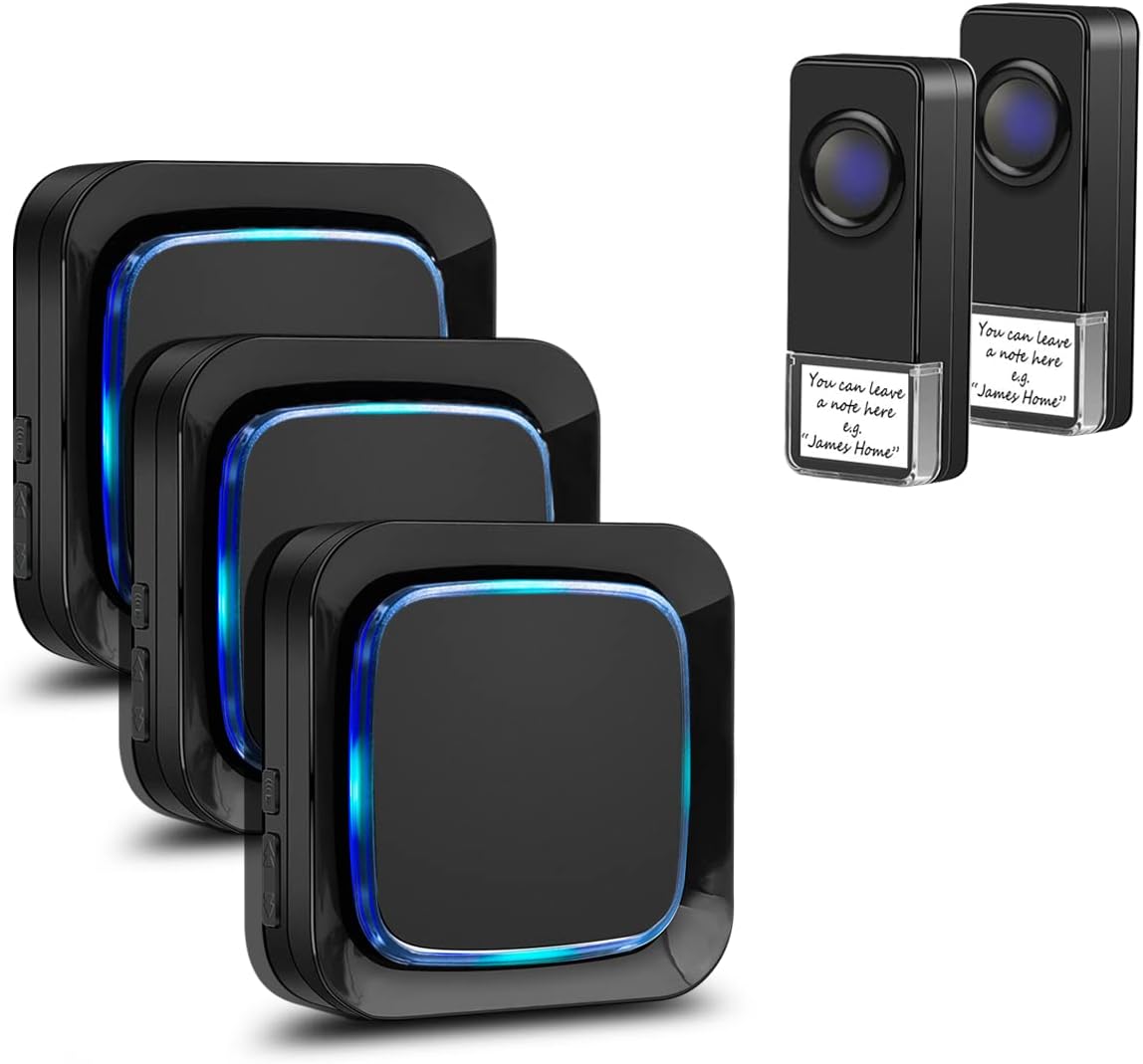 Wireless Doorbell, Coolqiya Door Bell Chimes Kit Alarm with 3 Plugin Receivers and 2 Remote Waterproof Push Buttons, Operating Range Up to 1300 Feet, 58 Melodies, LED Flash