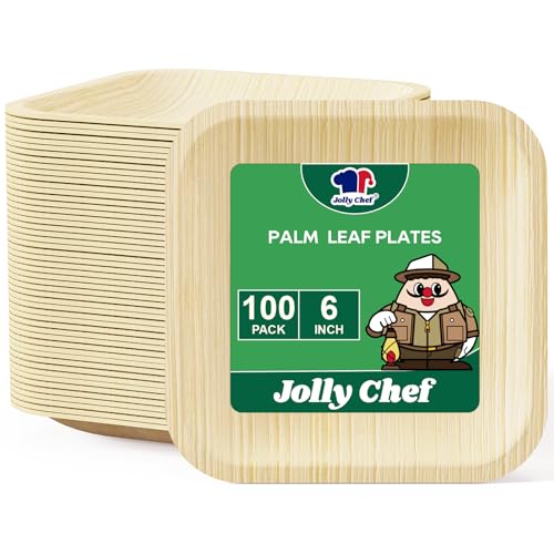 JOLLY CHEF Palm Leaf Plates 6 Inch 100 Pack Bulk Disposable Like Bamboo Square Plates Party Compostable Ideal for Dinner Wedding Party
