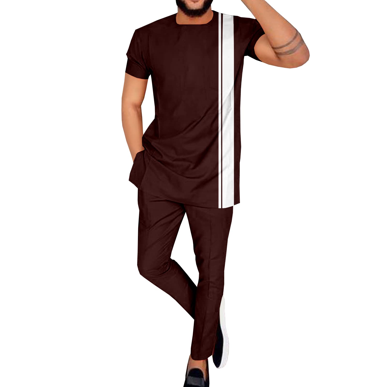Africa-Pride Men's Brown African Suits For Shirts And Pants 2 Piece Set Ankara Attire Plus Size Casual Outfit Tracksuit, Xl