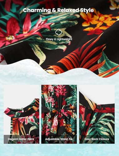 Image of PATPAT Family Hawaiian Matching Outfits - Mommy and Me Vacation Outfits | Halter Sundresses and Button Down Shirts,Caribbean Vacation Summer Tropical Outfits,Hawaiian Boho Tropical Floral Printed