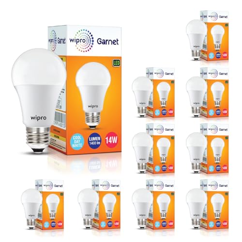 Image of wipro Garnet 14W LED Bulb for Home & Office |Warm White (2700K) | E27 Base|220 degree Light coverage |4Kv Surge Protection |400V High Voltage Protection |Energy Efficient | Pack of 10