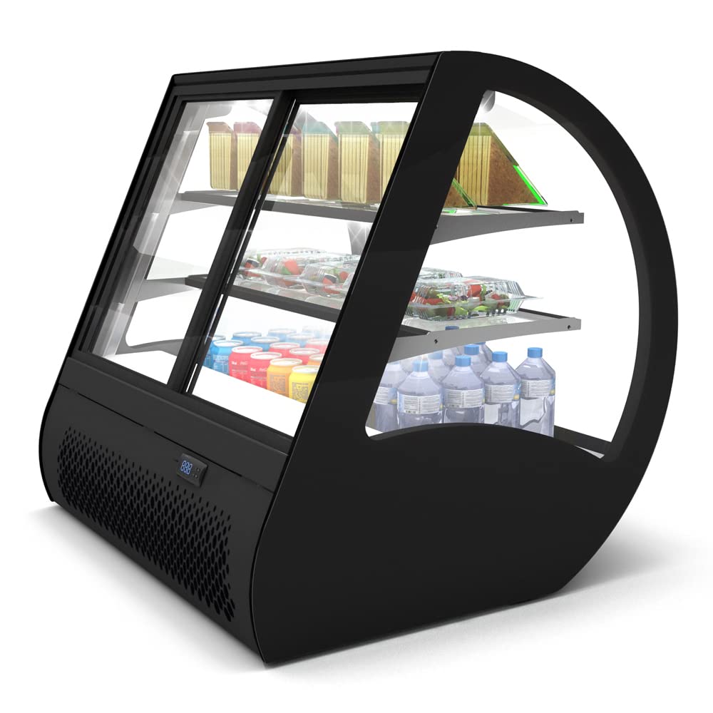 MBH - Vitrina expositora refrigerada VELA para hostelería. Frigorífico expositor profesional con cristal curvo para pasteles, tartas, bebidas y comida.