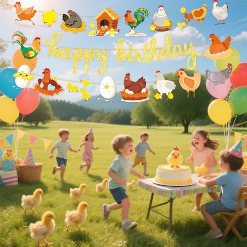 Image of 3pcs Chicken Birthday Decorations Gold Glitter Happy Birthday Banner and Chicken Paper Garlands for Spring Easter Hen & Chick Farm Theme Party Decor Supplies