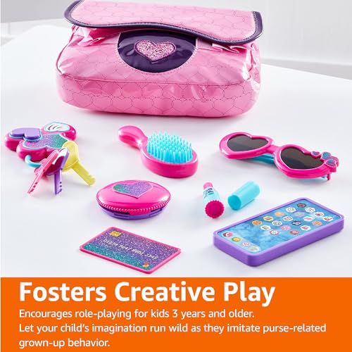Image of Amazon Basics 8-Piece Pretend Play Purse Toy with Accessories for Girls Ages 3 and Up, Kids Toy Handbag Gift Set Including Smartphone, Sunglasses, Pretend Makeup Kit, Keys and Credit Card, Pink