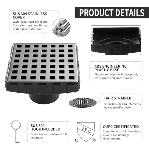 BAUNVB 4 Inch Square Shower Drain, 304 Stainless Steel Cover Panel with ABS Frame, Removable Quadrato Pattern Grate with Hair Catcher, CUPC Certified, Brushed Nickel