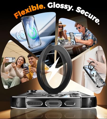 Image of Soft Case for iPhone 16 with 360 Rotating Magnetic Stand, Compatible with Mag-Safe, 4X MIL-Drop Protection, Lightweight Glossy Anti-Yellowing Clear Back Phone Cover for iPhone 16, Black