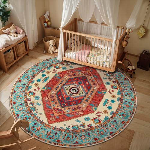 SERISSA Boho Round Area Rug, 4ft Washable Non-Slip Circle Rug, Ultra Soft Oriental Vintage Orange Low-Pile Small Circular Carpet for Bedroom Entryway Kids Room Office College Dorm Living Room