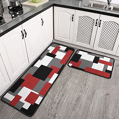 Red Black White Geometric Patterns Kitchen Rugs And Mats Set Of 2,Modern Decoration Style Kitchen Mat Non-Slip Absorbent Mats For Sink Waterproof Runner Rug For Laundry Room 17X24+17X48Inch #TOP3