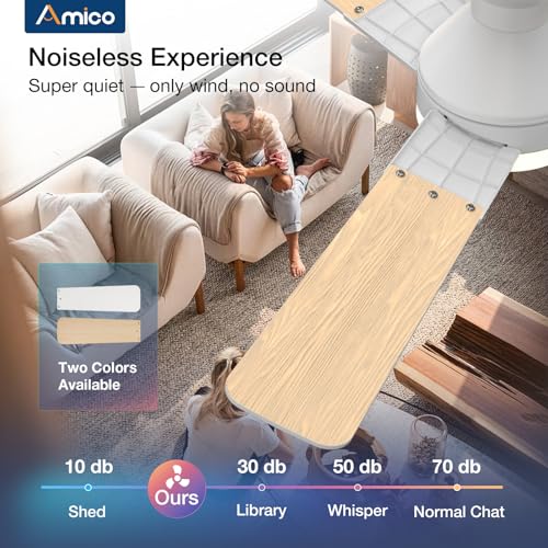 Image of Amico Ceiling Fans with Lights, 52 inch Low Profile Ceiling fan with Light and Remote Control, Flush Mount, Reversible, 3CCT, Dimmable, Noiseless, White Ceiling Fan for Bedroom, Indoor /Outdoor Use