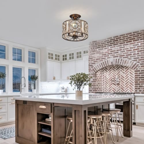 Image of Vintage Crystal Drum Chandelier, 3-Lights Bronze Finish Retro Chandelier Lighting Fixtures, Semi Flush Mount Ceiling Light for Dining Room Living Room Bedroom Entryway Etc.