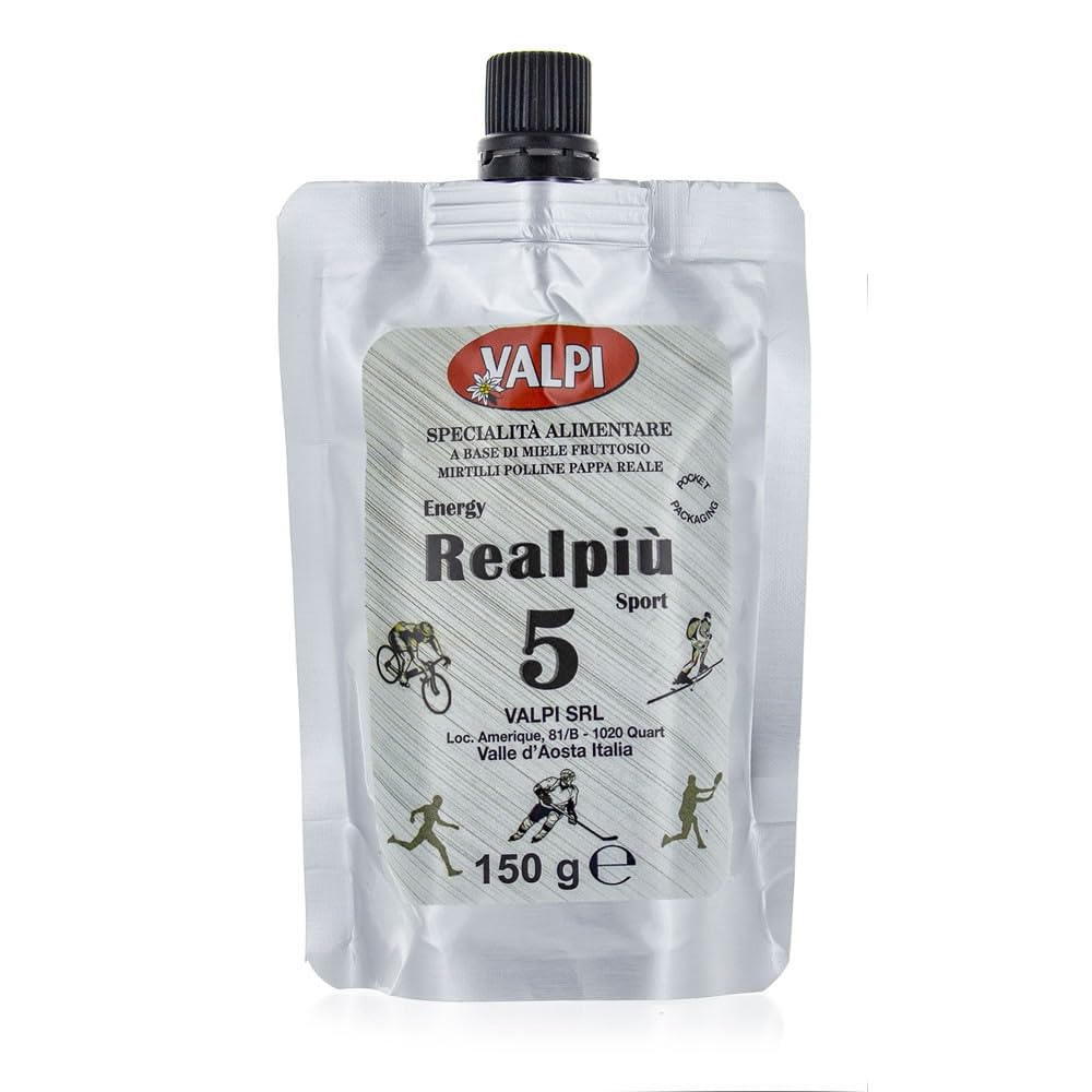 Realpiù 5 energy sport 150g 12 piezas - Producto energético a base de miel, fructosa, jugo de arándanos, polen de flores, jalea real fresca, indicado en el ámbito de la práctica deportiva.
