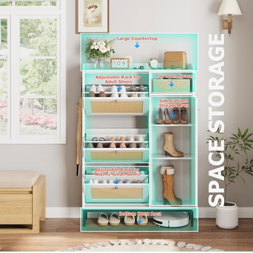 GarveeHome Shoe Cabinet Rattan with 3 Flip Drawers and 4-Tier Shoe Storage Cabinet, Freestanding Shoe Organizer with Adjustable Shelves for Entryway, Closet, Hallway (White)