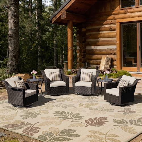 Image of 6 Piece Patio Furniture Set, Wicker Outdoor Conversation Set | Patio Chair Set with Olefin Removable Cushion, All-Weather Glider Swivel Chair Set with Deep Seat for Porch, Deck, Beige