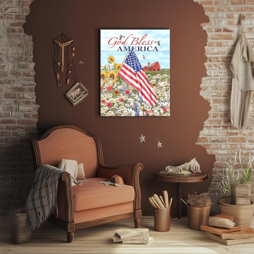 Image of 4th of July America Patriotic Wall Art, God Bless USA Flag and Daisy Field with Farm and Butterflies Print, Summer Country Poster Framed Vintage Wall Decor for Living Room and Entryway 24x30inch