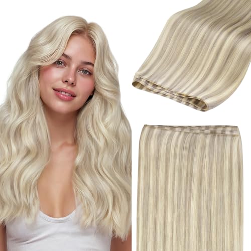 Image of GOO GOO Genius Narrow Edge PU Weft Hair Extensions Human Hair, Invisible Sew in Hair Extensions Human Hair, P17A /60A Ash Blonde Highlighted Platinum Blonde 18 Inch 100g, Seamless Soft Lightweight