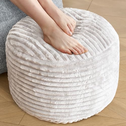 Stuffed Round Ottoman Corduroy Pouf Ottoman Foot Rest 18 X 14 in Beige