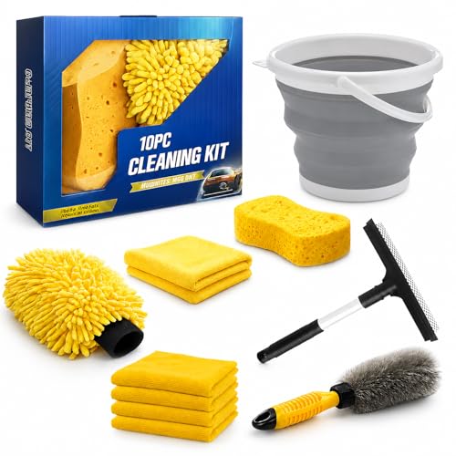 10Pcs Car Wash Detailing Kit Cleaning Kits,with Collapsible Bucket Wash Mitt Sponge Terry Towels Wheel Brush Window Scraper Coral Velvet Towel, Car Cleaning Tools Kit for Interior, Exterior, Wheels