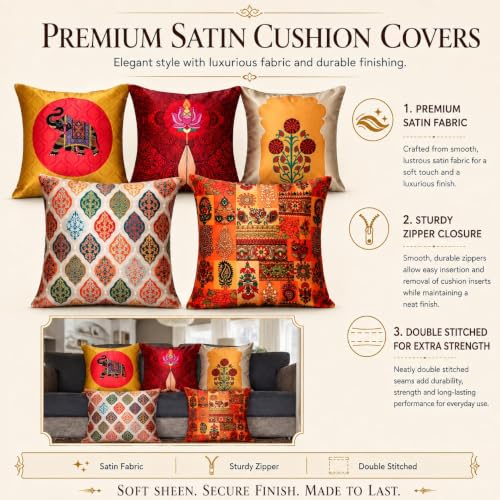 Image of Decorative Satin Sofa Cushion Covers Set of 5, 16 x 16 Inches, Multicolor Floral Printed Pillow Covers for Living Room, Bedroom, Couch & Sofa, Soft Glossy Fabric, Zipper Closure