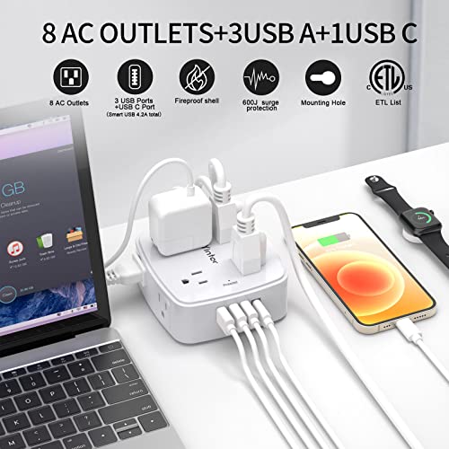 USB Power Bar Extension Cord - Yintar 6Ft Surge Protector Power Strip with 8 Outlets and 4 USB Ports(3U1C), 3 Side Outlet Extender for Home, Office, Dorm Essentials, ETL Listed, Wh image 4
