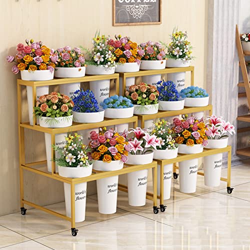 Carrito móvil resistente de 3 niveles con ruedas, soporte de exhibición de flores, fácil de instalar, incluye cubos de plástico, ideal para uso en interiores, estantería versátil para plantas.