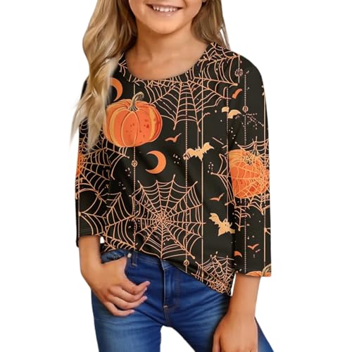 Girls Halloween Long Sleeve Shirt Cute Pumpkin Bat Web Print Top Casual Crewneck Pullover for Kids Holiday Party