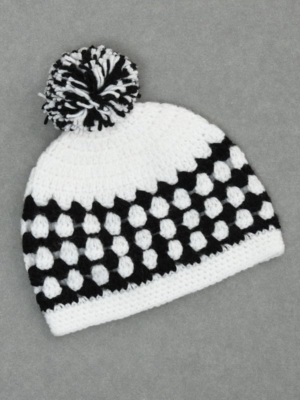 Image of Handmade Knitted Self Design Woolen Beanie Cap for Kids - White & Red 6-12 M | Winter Cap for Baby | FUNCAP56-6-12 M