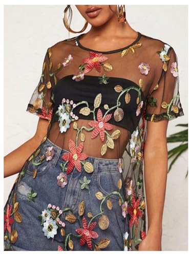GORGLITTER Women's Sheer Mesh Floral Embroidered Tops Y2K See Through Shorts Sleeve Crew Neck Tunics Tees Shirts4