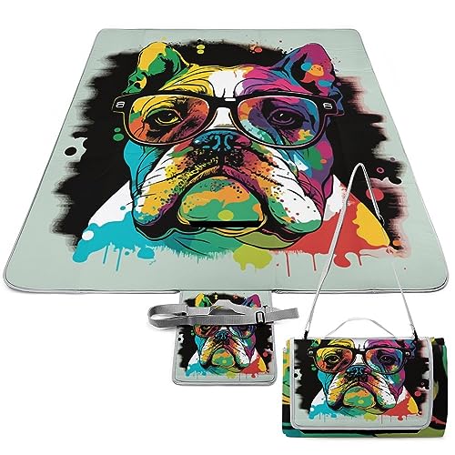 Colorful-Bulldog Picnic Blanket Waterproof Foldable, Large Outdoor Picnic Blanket Beach Blankets Camping Blanket Travel Mat, Shoulder Strap Tote, Rectangle 58x58in