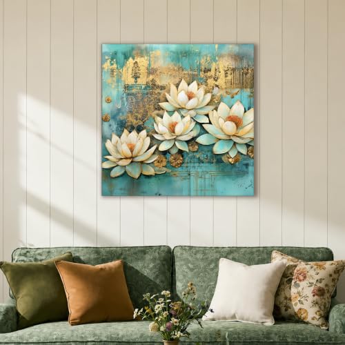Image of PAINTINGMANTRA White Lotus Flower Canvas Wall Art Painting for wall decoration, Lotus floral Stretched Canvas Painting for living room, bedroom, Home and Office, 22x22 Inch