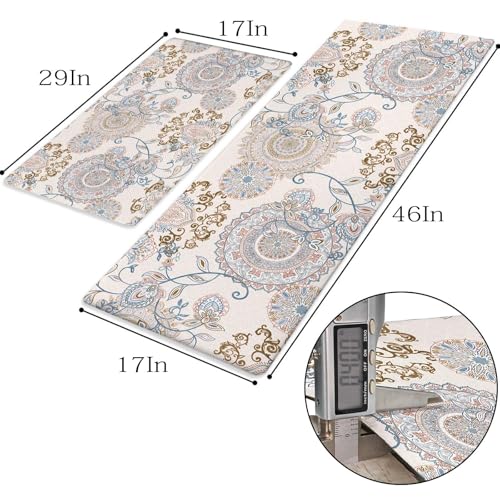 Amm YH001 Anti Fatigue Kitchen Mats For Floor Set Of 2 Beige Boho Floral Non Slip Cushioned Kitchen Rugs Waterproof Memory Foam Kitchen Floor Mat Comfort Standing Mat thumb #6