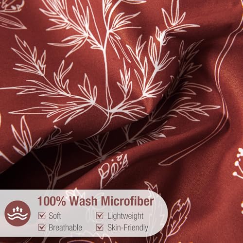 Image of Lekesky Floral Duvet Cover King Size, Deep Red Duvet Cover King Plant Flowers Pattern Bedding Set for All Season, Soft Breathable Duvet Cover with Zipper Closure & Corner Ties