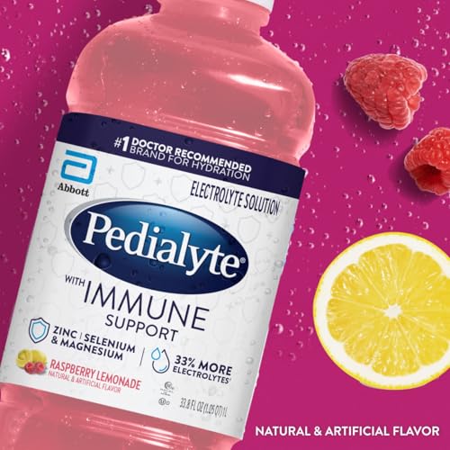 Image of Pedialyte with Immune Support Electrolyte Solution, Hydration Drink with Zinc, Selenium, and Magnesium, Raspberry Lemonade, 1 Liter, Pack of 4