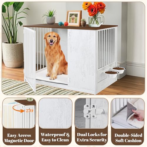 Dog Crate Furniture for Large Dogs, 36" Indoor Wooden Dog Kennel with 270° Swivel Door & 360° Rotating Feeder, Decorative Heavy Duty Dog House with Double Locks & Bowls, White - Image 5