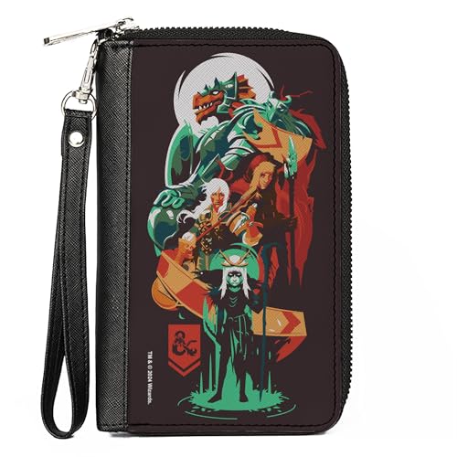 Buckle-Down Wizards of the Coast Wallet, Zip Around, Dungeons and Dragons Character Collage Brown Multi Color, Vegan Leather