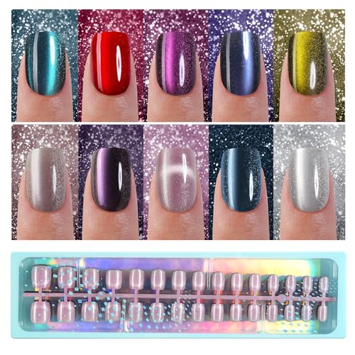 Vansiho 300Pcs Short Square Cat Eye Press on Nails, CatEye Fake Nails