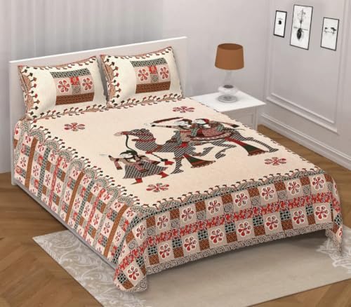Image of Pure 100% Cotton Double Bed Sheet with 2 Pillow Covers (Bedsheet for Double Bed Cotton, Multicolour Jaipuri, Double King Size Bed Sheet) (Orange, 100 * 108 Inch)