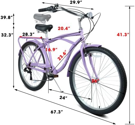 A26265B 26 Inch 7-Speed Beach Cruiser Bike for Men & Women High-Tensile Steel Frame & Lightweight Alloy Wheels with V-Brakes Multiple Colors for Leisure and Commuting