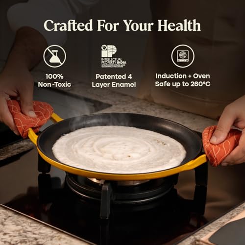 Image of CUMIN CO. Cast Iron Non Stick Dosa Tawa 30 cm | Induction Base Cookware | 10 Year Warranty | Chemical Free Coating | Non Toxic Tawa for Dosa /Chilla | Free Accessories | No Seasoning Needed | Mustard