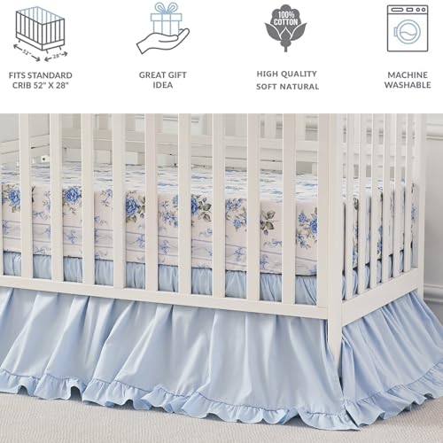 Image of Brandream Organic Cotton Crib Fitted Sheets for Baby Girls, Cottagecore Fitted Crib Sheet for Standard Crib and Toddler Mattress Super Soft Baby Sheet French Country Coquette Blue Floral Stripe Print