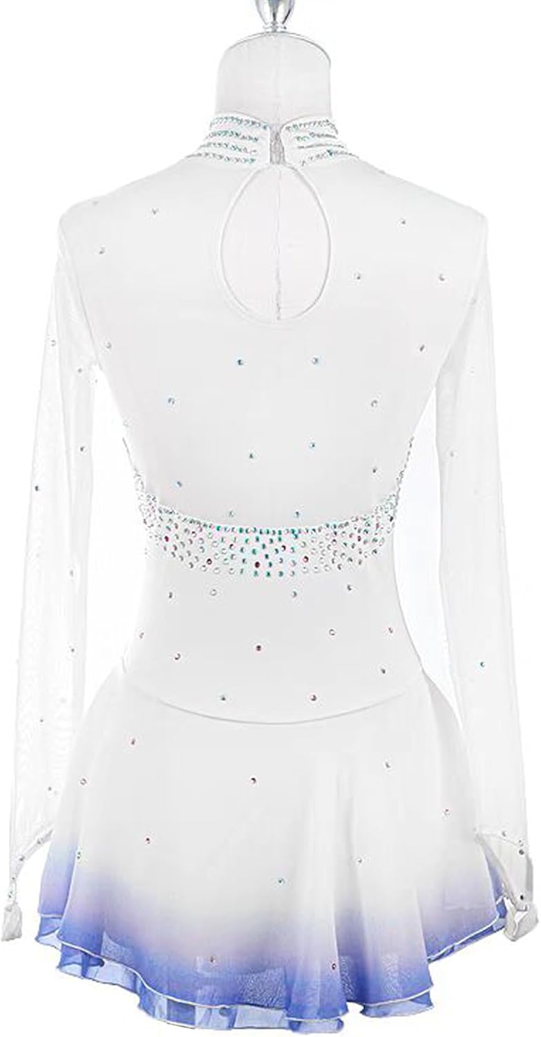 Figure Skating Dress,Girls Sparkling Gradient White Diamond Skating Performance Competition Wear Costume White