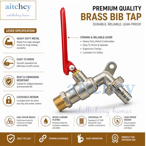 Image of 1 /2 inch Brass Bib Cocke with Lockable Metal Lever | Heavy Duty Brass Bib Tap with Hose Nozzle | Nickel Chrome Plated Outdoor Water Tap for Garden, Car Wash & Utility Use