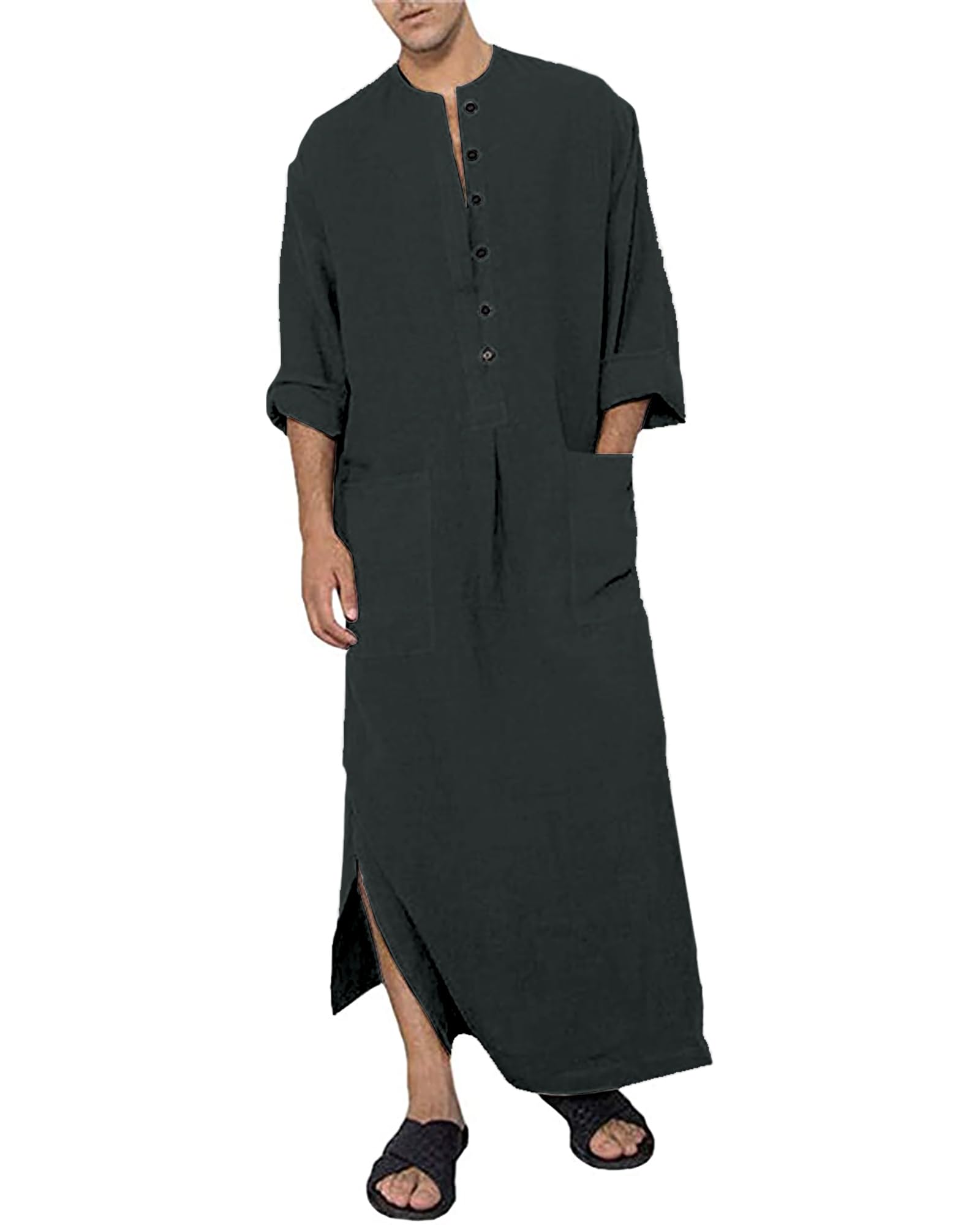 Men's Kaftan V-Neck Long Sleeve Long Button High Thobe Side Split Cotton with Pockets