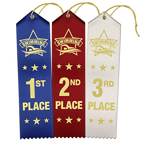 RibbonsNow Swimming Ribbons 1st - 2nd - 3rd Place, 75 Total Ribbons - 25 Each Place with Card & String