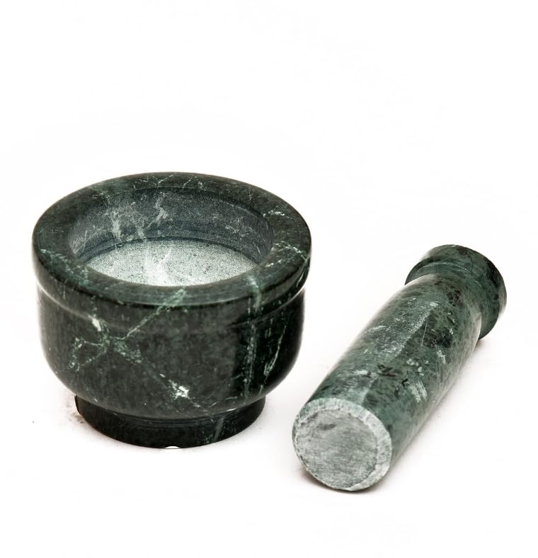 OGGN Green Marble Mortar Pestle Set, Imam Dasta, Natural Stone Okhli, Spice Mixer Kharal, Kitchen Khalbatta Masher, Ginger Garlic Crusher, Masala Kutni for Cooking (3 X 2 Inch) 4