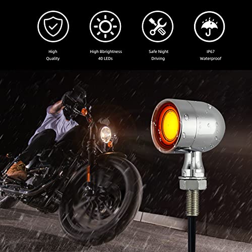 Image of Motorcycle Rear Turn Signals LED Brake Tail Lights 2 Pack, 40 Leds Retro Round Taillight Blinkers, Universal Fit Harley Davidson Bobber Copper Honda Kawasaki Suzuki Triumph (Chrome)